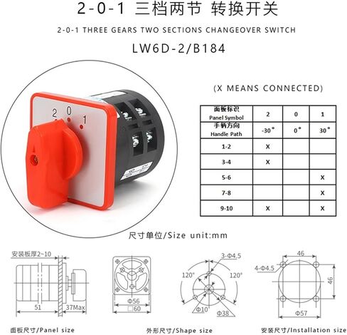 LW6D-2/B184 5A 3 Position 2-0-1 Red Panel Adjustable Transfer Electrical Rotary Universal Changeover Cam Switch in Saudi Arabia