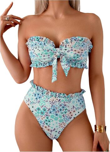 SOLY HUX Women's Bandeau Bikini Set Tie Knot Front Frill Strapless High Waisted Bathing Suit Two Piece Swimsuit in Saudi Arabia