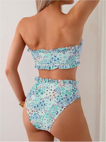 SOLY HUX Women's Bandeau Bikini Set Tie Knot Front Frill Strapless High Waisted Bathing Suit Two Piece Swimsuit in Saudi Arabia