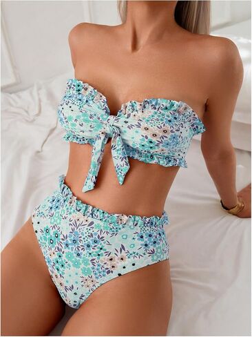 SOLY HUX Women's Bandeau Bikini Set Tie Knot Front Frill Strapless High Waisted Bathing Suit Two Piece Swimsuit in Saudi Arabia