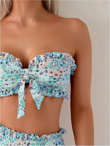 SOLY HUX Women's Bandeau Bikini Set Tie Knot Front Frill Strapless High Waisted Bathing Suit Two Piece Swimsuit in Saudi Arabia
