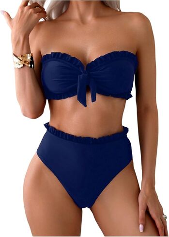 SOLY HUX Women's Bandeau Bikini Set Tie Knot Front Frill Strapless High Waisted Bathing Suit Two Piece Swimsuit in Saudi Arabia