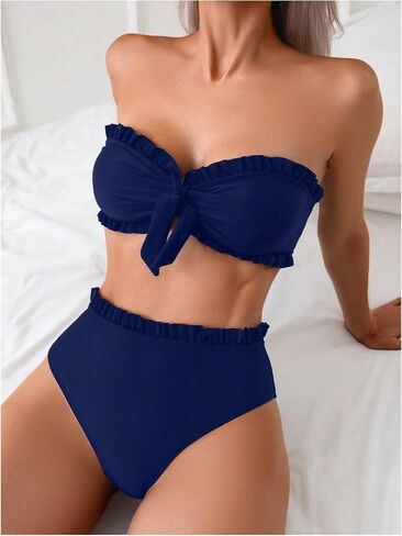 SOLY HUX Women's Bandeau Bikini Set Tie Knot Front Frill Strapless High Waisted Bathing Suit Two Piece Swimsuit in Saudi Arabia