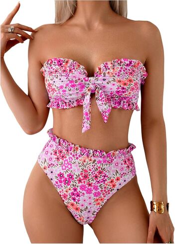 SOLY HUX Women's Bandeau Bikini Set Tie Knot Front Frill Strapless High Waisted Bathing Suit Two Piece Swimsuit in Saudi Arabia