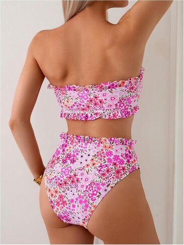 SOLY HUX Women's Bandeau Bikini Set Tie Knot Front Frill Strapless High Waisted Bathing Suit Two Piece Swimsuit in Saudi Arabia