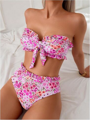 SOLY HUX Women's Bandeau Bikini Set Tie Knot Front Frill Strapless High Waisted Bathing Suit Two Piece Swimsuit in Saudi Arabia