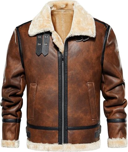 HOOD CREW Men’s Faux Leather Jacket Vintage Bomber Jacket with Artificial Fur Lining Warm Winter Leather Coat in Kuwait