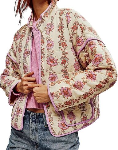 Muineobuka سترة نسائية Y2k مبطنة بأكمام طويلة مفتوحة من الأمام ومزودة بنقشة الزهور وسترة خفيفة الوزن مبطنة ومبطنة وسترات صوفية مقصوصة in Kuwait