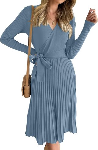 ZESICA Women's Fall Long Sleeve Wrap V Neck Ribbed Knit Pleated A Line Pullover Sweater Dress with Belt in Saudi Arabia
