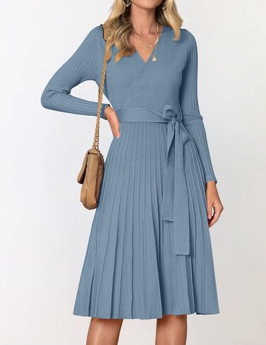 ZESICA Women's Fall Long Sleeve Wrap V Neck Ribbed Knit Pleated A Line Pullover Sweater Dress with Belt in Saudi Arabia