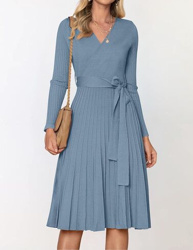 ZESICA Women's Fall Long Sleeve Wrap V Neck Ribbed Knit Pleated A Line Pullover Sweater Dress with Belt in Saudi Arabia