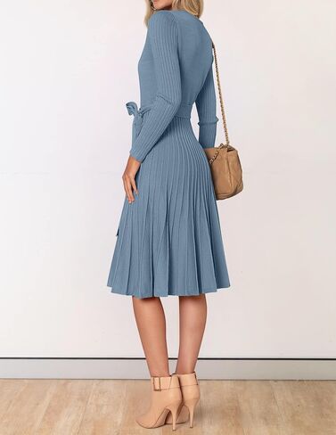 ZESICA Women's Fall Long Sleeve Wrap V Neck Ribbed Knit Pleated A Line Pullover Sweater Dress with Belt in Saudi Arabia