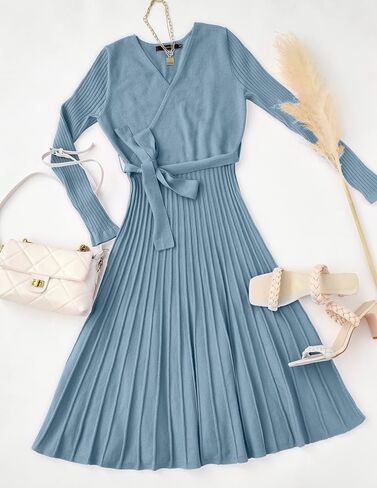 ZESICA Women's Fall Long Sleeve Wrap V Neck Ribbed Knit Pleated A Line Pullover Sweater Dress with Belt in Saudi Arabia