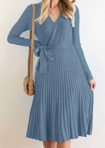 ZESICA Women's Fall Long Sleeve Wrap V Neck Ribbed Knit Pleated A Line Pullover Sweater Dress with Belt in Saudi Arabia