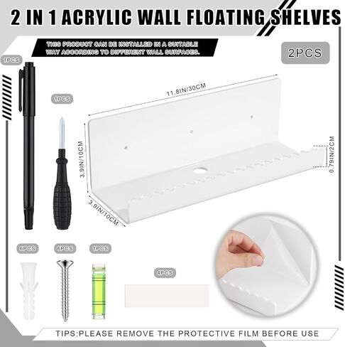 2 Pack Acrylic Wall Floating Shelves, White Adhesive Organizer, Acrylic Floating Bookshelves, Wall Display Shelve for Bedroom, Gaming Room, Living Room, Bathroom, Office in Saudi Arabia