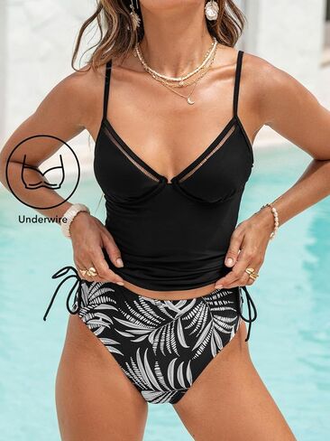 CUPSHE Women's Tankini Sets Diamond V Neck Underwire Cutouts Two Piece Swimsuit Adjustable Straps Drawstrings Swimwear in Kuwait