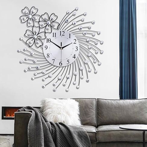 Large Wall Clock for Living Room Modern Silent Wall Clocks Battery Operated Decorative Non-Ticking Clocks for Bedroom Kitchen Dining Room Office Silver Crystal Metal Wall Decor for House in Saudi Arabia