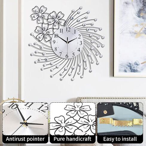 Large Wall Clock for Living Room Modern Silent Wall Clocks Battery Operated Decorative Non-Ticking Clocks for Bedroom Kitchen Dining Room Office Silver Crystal Metal Wall Decor for House in Saudi Arabia
