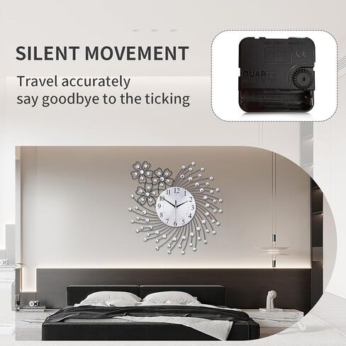 Large Wall Clock for Living Room Modern Silent Wall Clocks Battery Operated Decorative Non-Ticking Clocks for Bedroom Kitchen Dining Room Office Silver Crystal Metal Wall Decor for House in Saudi Arabia