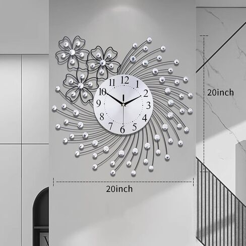 Large Wall Clock for Living Room Modern Silent Wall Clocks Battery Operated Decorative Non-Ticking Clocks for Bedroom Kitchen Dining Room Office Silver Crystal Metal Wall Decor for House in Saudi Arabia