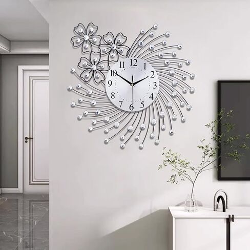 Large Wall Clock for Living Room Modern Silent Wall Clocks Battery Operated Decorative Non-Ticking Clocks for Bedroom Kitchen Dining Room Office Silver Crystal Metal Wall Decor for House in Saudi Arabia