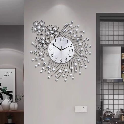 Large Wall Clock for Living Room Modern Silent Wall Clocks Battery Operated Decorative Non-Ticking Clocks for Bedroom Kitchen Dining Room Office Silver Crystal Metal Wall Decor for House in Saudi Arabia