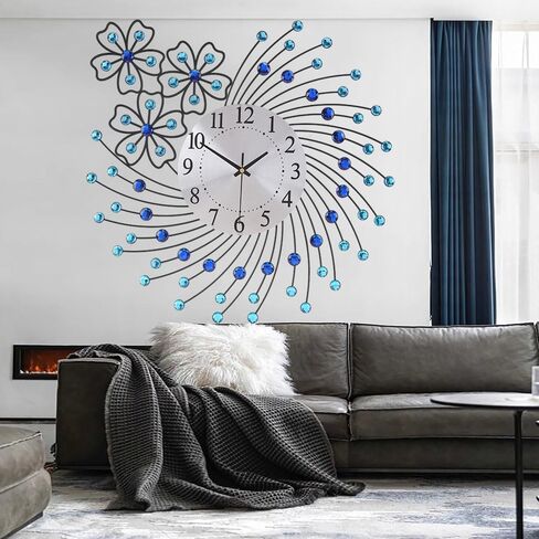 Large Wall Clock for Living Room Modern Silent Wall Clocks Battery Operated Decorative Non-Ticking Clocks for Bedroom Kitchen Dining Room Office Silver Crystal Metal Wall Decor for House in Saudi Arabia