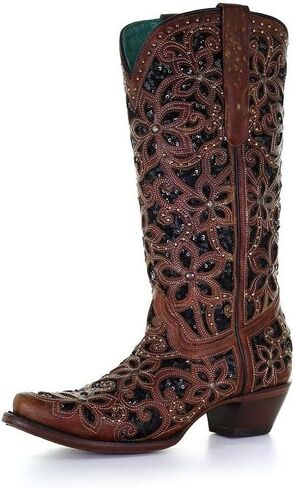 CORRAL LADIE'S TAN/BLACK INLAY & EMBROIDERY & STUDS, SNIP TOE, LEATHER SOLE, WESTERN, A4083 in Saudi Arabia