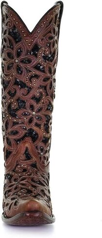 CORRAL LADIE'S TAN/BLACK INLAY & EMBROIDERY & STUDS, SNIP TOE, LEATHER SOLE, WESTERN, A4083 in Saudi Arabia