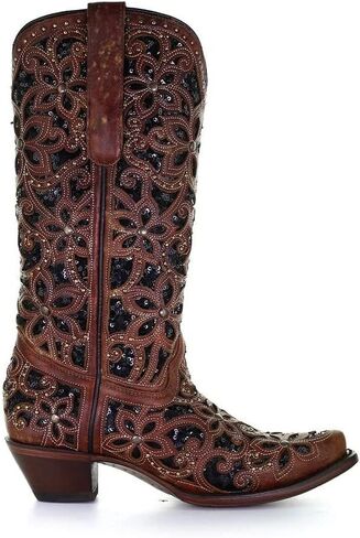 CORRAL LADIE'S TAN/BLACK INLAY & EMBROIDERY & STUDS, SNIP TOE, LEATHER SOLE, WESTERN, A4083 in Saudi Arabia