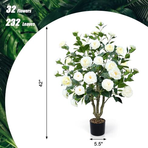 Artificial Camellia Tree,2 Pack 42" Faux Floral Plants with 32 Blooming Flowers,Greenery Potted Fake Plant for Outdoor Indoor Home Decor Porch Patio Garden in Saudi Arabia