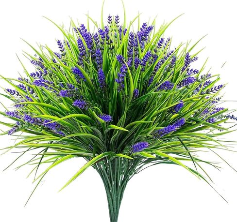 Artificial Plants Outdoor, 12 Pcs Fake Monkey Grass with Flowers for Pot, UV Resistant Lavender Artificial Plastic Fake Faux Flowers Shrubs for Garden Porch Window Patio Hanging Planter Home Decor in Saudi Arabia