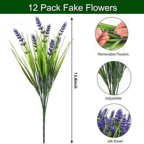 Artificial Plants Outdoor, 12 Pcs Fake Monkey Grass with Flowers for Pot, UV Resistant Lavender Artificial Plastic Fake Faux Flowers Shrubs for Garden Porch Window Patio Hanging Planter Home Decor in Saudi Arabia