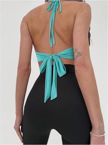 Makemechic Women's Sexy Halter Top Open Back Out Tops Cowl Neck Festival Top Top in Saudi Arabia