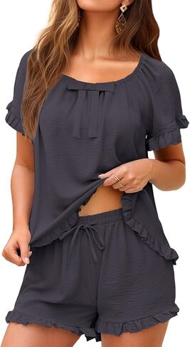 KFUBUO Womens Pajamas Set 2 Piece Ruffle Pj Soft Short Sleeve Tops and Shorts Sleepwear Set Cute Pajama Sets for Women in Saudi Arabia