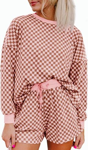 Tankaneo Womens 2 Piece Outfits Oversized Long Sleeve Checkered Plaid Tops Elastic Waist Shorts 2025 Pajama Sets Loungewear in Saudi Arabia