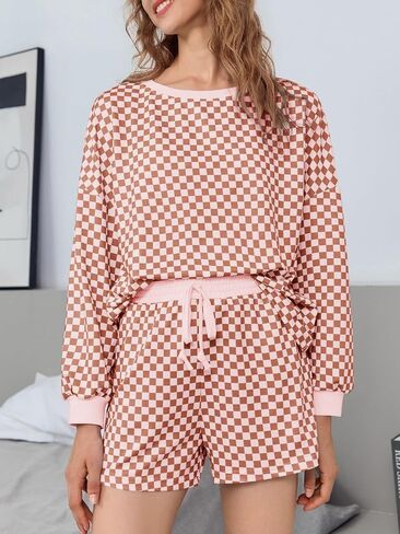 Tankaneo Womens 2 Piece Outfits Oversized Long Sleeve Checkered Plaid Tops Elastic Waist Shorts 2025 Pajama Sets Loungewear in Saudi Arabia