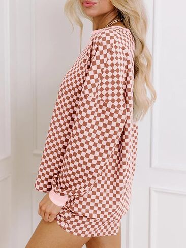 Tankaneo Womens 2 Piece Outfits Oversized Long Sleeve Checkered Plaid Tops Elastic Waist Shorts 2025 Pajama Sets Loungewear in Saudi Arabia