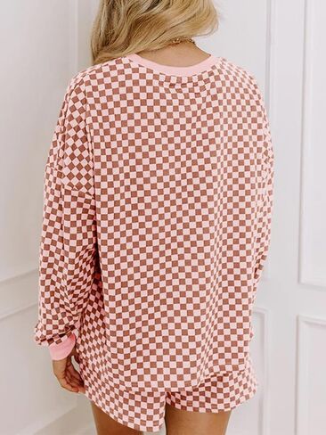 Tankaneo Womens 2 Piece Outfits Oversized Long Sleeve Checkered Plaid Tops Elastic Waist Shorts 2025 Pajama Sets Loungewear in Saudi Arabia