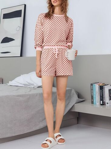 Tankaneo Womens 2 Piece Outfits Oversized Long Sleeve Checkered Plaid Tops Elastic Waist Shorts 2025 Pajama Sets Loungewear in Saudi Arabia