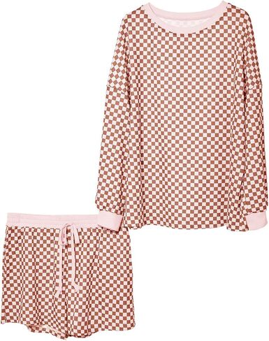 Tankaneo Womens 2 Piece Outfits Oversized Long Sleeve Checkered Plaid Tops Elastic Waist Shorts 2025 Pajama Sets Loungewear in Saudi Arabia