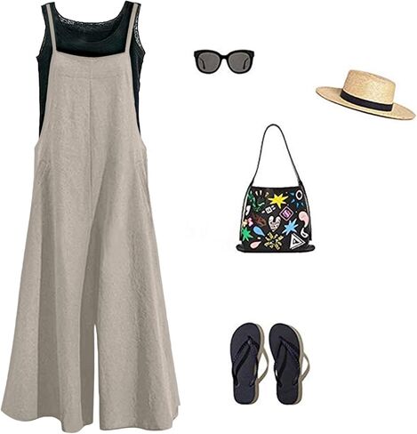 LNCROPO Womens وزرة غير رسمية فضفاضة واسعة الساق حللا بياض بيب السراويل in Kuwait