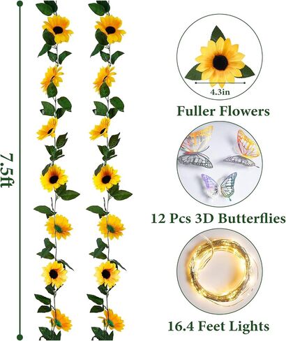 4 Pack Artificial Sunflower Vines 7.5ft Sunflower Garland Table Decor Silk Sunflowers with Green Leaves Fake Sunflowers for Wedding Birthday Party Bathroom Home Wall Decor in Saudi Arabia