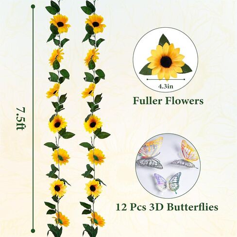 4 Pack Artificial Sunflower Vines 7.5ft Sunflower Garland Table Decor Silk Sunflowers with Green Leaves Fake Sunflowers for Wedding Birthday Party Bathroom Home Wall Decor in Kuwait