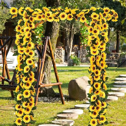 4 Pack Artificial Sunflower Vines 7.5ft Sunflower Garland Table Decor Silk Sunflowers with Green Leaves Fake Sunflowers for Wedding Birthday Party Bathroom Home Wall Decor in Kuwait