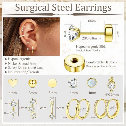 أقراط Loyallook Hypoallergenic المسطحة للنساء العصرية 20G جراحية أقراط الفولاذ المقاوم للصدأ الجراحية in Saudi Arabia