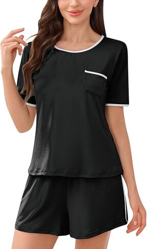 نساء Pajama مجموعات 2 قطعة دائرية رقبة قصيرة الأكمام والسروم سراويل سمين ناعم مريح صالة PJS مجموعة مع جيوب in Saudi Arabia