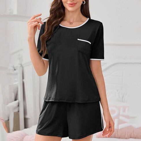 نساء Pajama مجموعات 2 قطعة دائرية رقبة قصيرة الأكمام والسروم سراويل سمين ناعم مريح صالة PJS مجموعة مع جيوب in Saudi Arabia