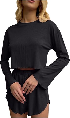بيجامات للنساء مجموعة ناعمة الكشكش طاقم طويلة الأكمام الطويلة أعلى الخصر مرنة PJS CAMFY Fall Loungewear in Saudi Arabia