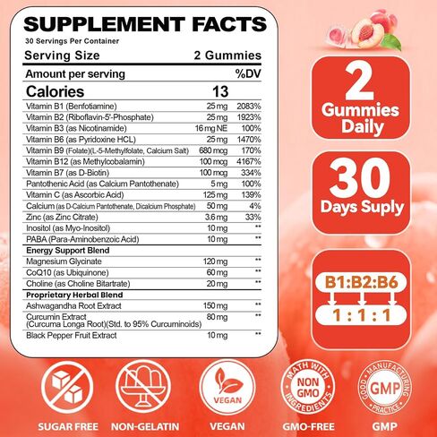 Natural Methylated Vitamins B Gummies: Chewable Supplement Complex with B1 B2 B3 B5 B6 B7 B9 B12 Zinc Magnesium Ashwagandha for Daily Energy Support - for Vegan Work Adults(120Count) in Saudi Arabia